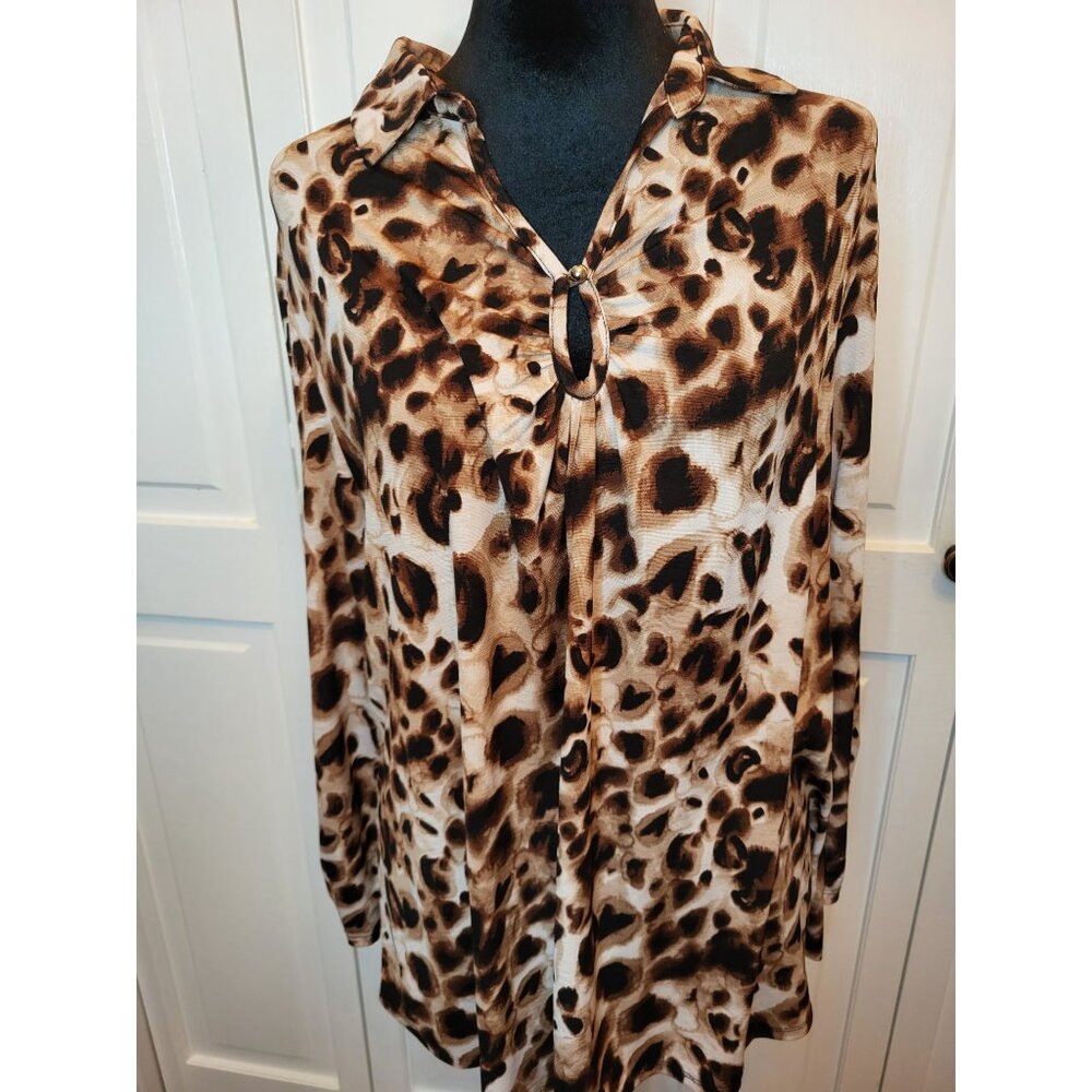 Brown Leopard Print Stretchy Top Collar Ruched Sleeves L Cato Fall Brunch Church